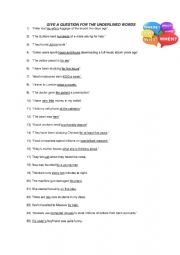 English Worksheet: Question Words Activity: give a question for the following answers