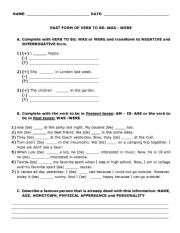 English Worksheet: PAST FORM VEB TO BE: WAS - WERE