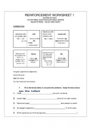 English Worksheet: Reinforcement - Quantifiers (Many and much) / Superlatives / Countable and Uncountable Nouns