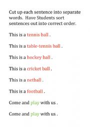 English Worksheet: Ball Games Sentence Builder