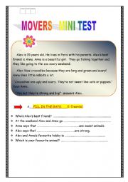 English Worksheet: MOVERS MINI TEST !!