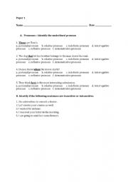 English Worksheet: Pronouns and Transitive and Intransitive Verbs