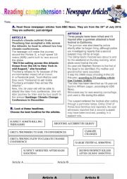Newspaper articles reading comprehension activity