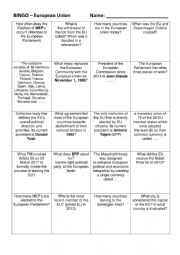 English Worksheet: BINGO  European Union