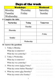 English Worksheet: Days of the week
