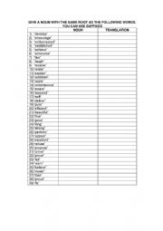 Noun Suffixes: Complete the chart using noun suffixes.