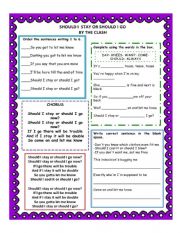 English Worksheet: SHOULD I STAY OR SHOULD I GO BY THE CLASH