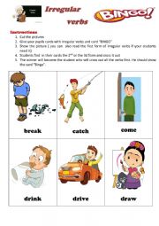 English Worksheet: Bingo Game. Pictures with Irregular verbs and bingo cards