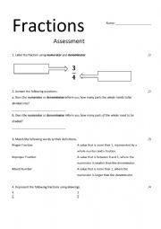 English Worksheet: Stage 3 Fractions Assessment