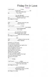 English Worksheet: fill in the gaps FRIDAY IM IN LOVE SONG