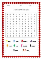 English Worksheet: Numbers 1-10 Wordsearch