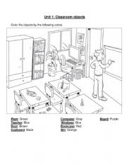 English Worksheet: Classroom objects and colors