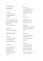 English Worksheet: DONT SPEAK SONG- 