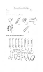 English Worksheet: Colors and School Objects
