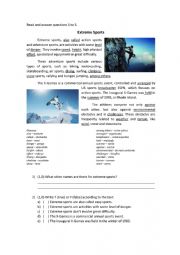 English Worksheet: Reading and comprehension about extreme sports