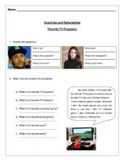 English Worksheet: Countries and Nationalities - Favorite TV programs