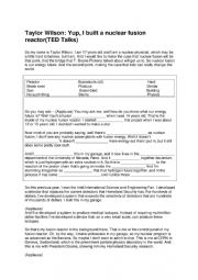 English Worksheet: Taylor Wilson: Yup, I built a nuclear fusion reactor(TED Talks)