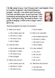 English Worksheet: Personal Information Reading Comprehension