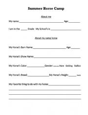 English Worksheet: Horse Camp