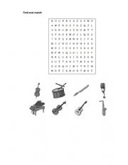 English Worksheet: Musical Instrument Wordsearch