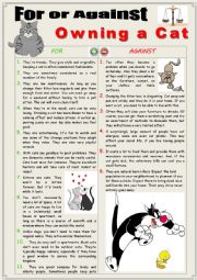 English Worksheet: For or Against Owning Cats. Debating + Writing