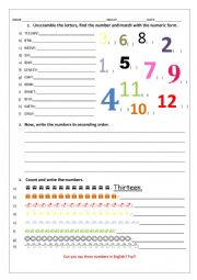 English Worksheet: Numbers one up to twenty