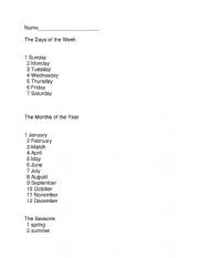 English Worksheet: The months, days, and seasons. 1/1  (Worksheet to follow)