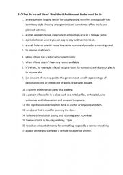 English Worksheet: Find the definitions. Hotel