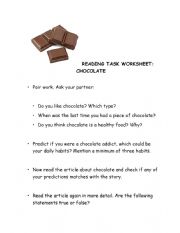 English Worksheet: READING TASK WORKSHEET: CHOCOLATE