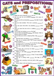 English Worksheet: Cats and Prepositions + Key