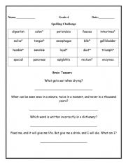 English Worksheet: Spelling challenge and brain teasers for Grade 4