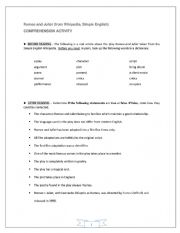 English Worksheet: Romeo and Juliet, Article from Simple English Wikipedia - COMPREHENSION ACTIVITIES + VOCABULARY