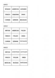 Nationalities Bingo