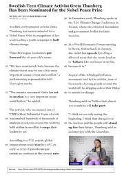 English Worksheet: Greta Thunberg nominated for Nobel Peace prize