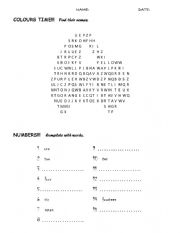 English Worksheet: colours - numbers - days - school things - saying hello REVIEW