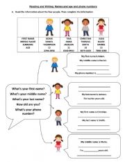 English Worksheet: Introducing yourself_Giving names, ages and phone numbers.