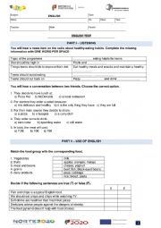English Worksheet: Healthy eating test - 8th grade version A