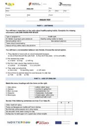 English Worksheet: Healthy eating test - 8th grade version B