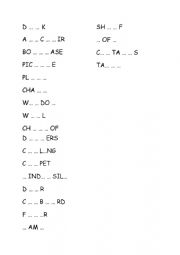 Furniture and items in the room - write the missing letters worksheet