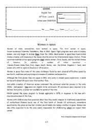 English Worksheet: Women in space - 10th form test