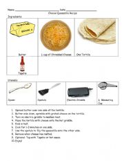 English Worksheet: Cheese Quesadilla Recipe