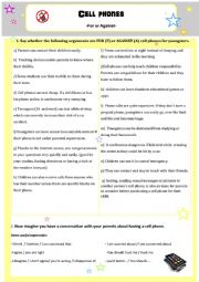 English Worksheet: Cell phones-For or Against