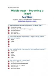 English Worksheet: BECOMING A KNIGHT QUIZ MIDDLE AGES