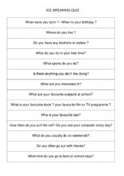 English Worksheet: Ice Breaking Quiz