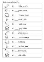 English Worksheet: Read, write and colour