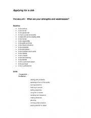 English Worksheet: Applying for a Job: Weaknesses and Strengths