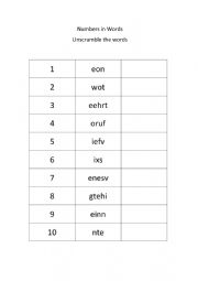 English Worksheet: Unscramble the words of numbers