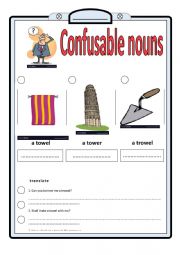 English Worksheet: Tricky words: towel, tower, trowel