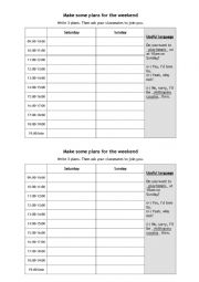 English Worksheet: future continuous practice - make plans for the weekend