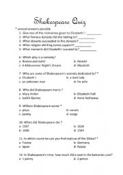English Worksheet: Shakespeare Quiz